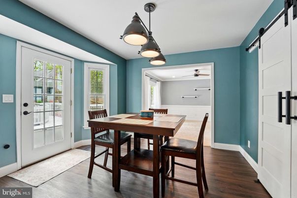 Dining room, Interior, Pendant Lights, Wood Texture Flooring