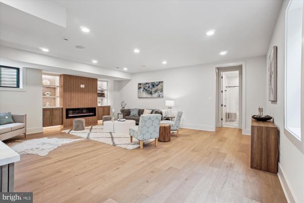 Fireplace, Interior, Living room, Recessed Lighting, Wood Texture Flooring
