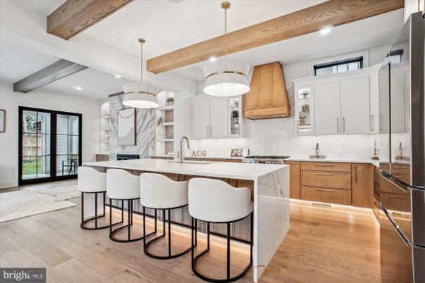 Interior, Kitchen, Pendant Lights, Recessed Lighting, Stainless Steel Appliances, Wooden Beams, Wood Texture Flooring