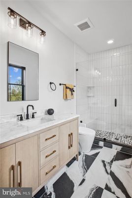 Bathroom, Dual Sink Vanities, Glass Shower, Interior, Marble, Recessed Lighting