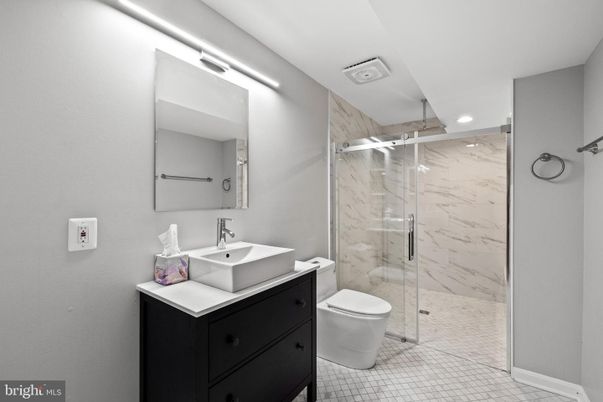 Bathroom, Glass Shower, Interior, Marble Walls, Recessed Lighting