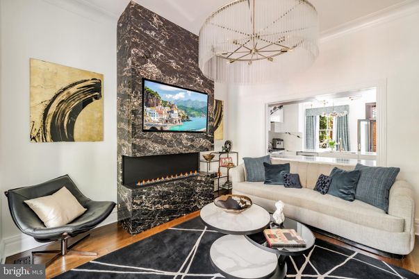 Fireplace, Interior, Living room, Pendant Lights, Wood Texture Flooring