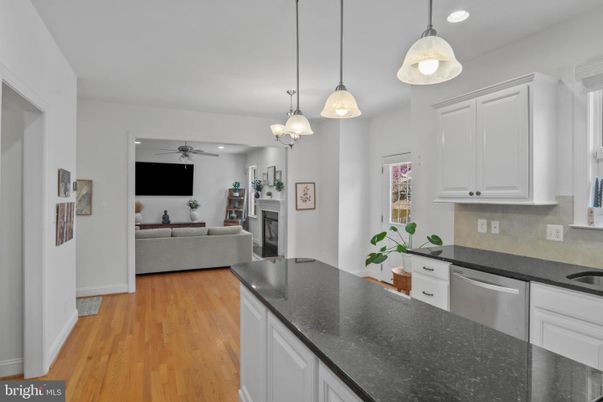 Fireplace, Interior, Kitchen, Living room, Pendant Lights, Recessed Lighting, Wood Texture Flooring
