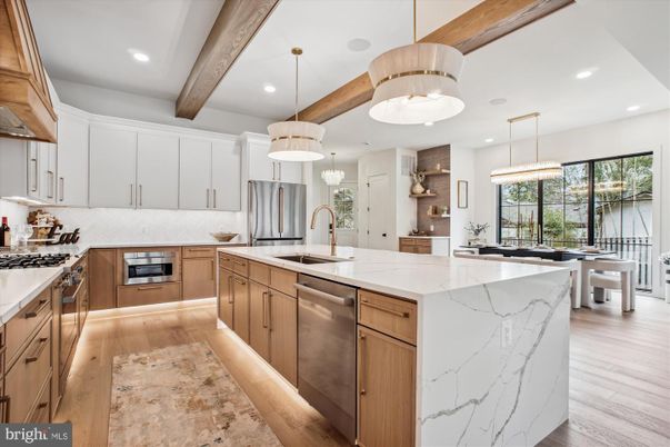 Interior, Kitchen, Pendant Lights, Recessed Lighting, Stainless Steel Appliances, Wooden Beams, Wood Texture Flooring