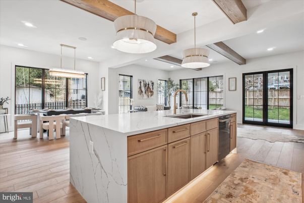 Interior, Kitchen, Pendant Lights, Recessed Lighting, Stainless Steel Appliances, Wooden Beams, Wood Texture Flooring