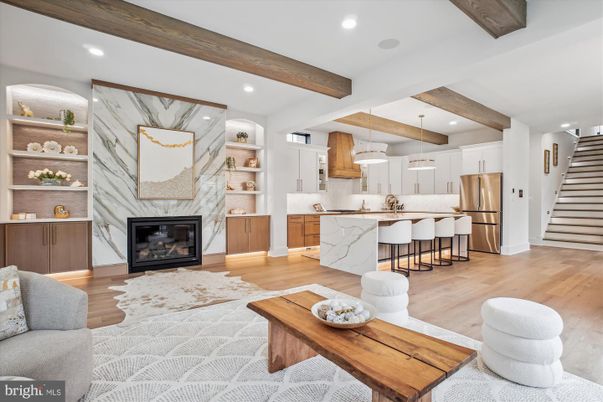 Fireplace, Interior, Kitchen, Marble Walls, Pendant Lights, Recessed Lighting, Stainless Steel Appliances, Wooden Beams, Wood Texture Flooring