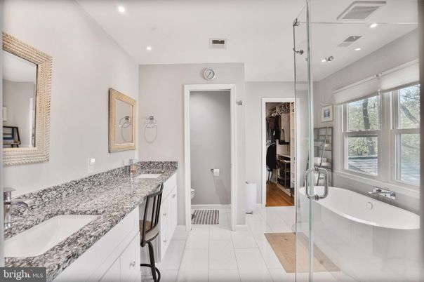 Bathroom, Dual Sink Vanities, Free Standing Baths, Glass Shower, Interior, Marble, Recessed Lighting