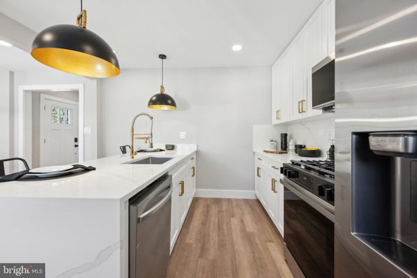 Interior, Kitchen, Pendant Lights, Recessed Lighting, Stainless Steel Appliances, Wood Texture Flooring