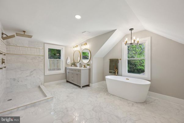Bathroom, Free Standing Baths, Interior, Marble, Marble Walls, Pendant Lights, Recessed Lighting