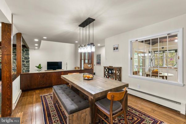 Dining room, Interior, Pendant Lights, Recessed Lighting, Wood Texture Flooring