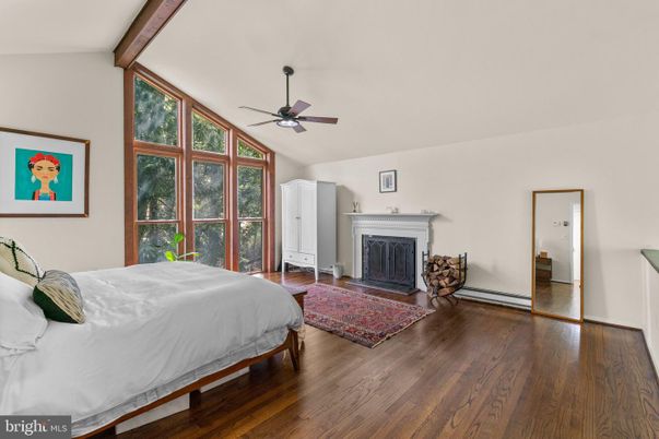Bedroom, Fireplace, Interior, Wooden Beams, Wood Texture Flooring
