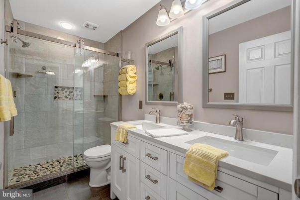 Bathroom, Dual Sink Vanities, Glass Shower, Interior, Recessed Lighting