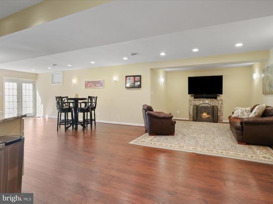 Dining room, Fireplace, Interior, Living room, Recessed Lighting, Wood Texture Flooring