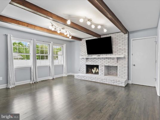 Empty room, Fireplace, Interior, Stone Walls, Wooden Beams, Wood Texture Flooring