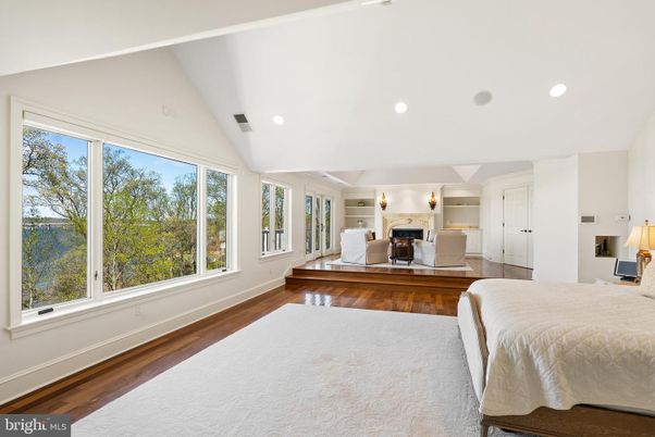 Bedroom, Fireplace, Interior, Recessed Lighting, Wood Texture Flooring