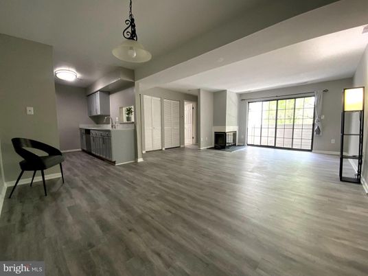 Empty room, Interior, Kitchen, Pendant Lights, Wood Texture Flooring