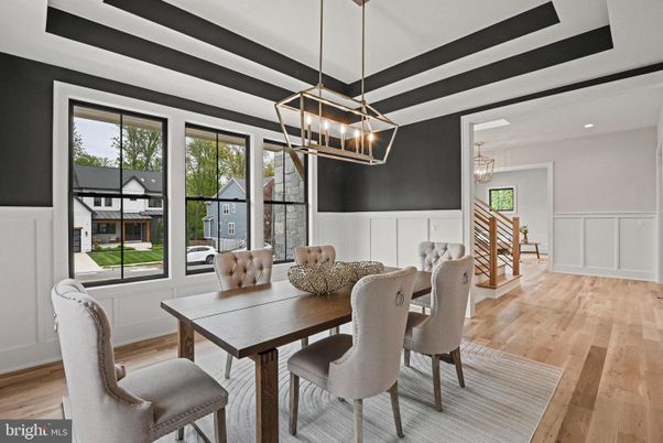 Dining room, Interior, Pendant Lights, Recessed Lighting, Wood Texture Flooring