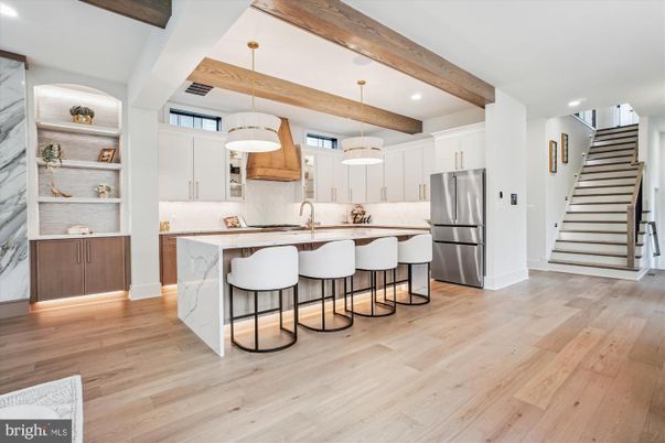 Interior, Kitchen, Pendant Lights, Recessed Lighting, Stainless Steel Appliances, Wooden Beams, Wood Texture Flooring