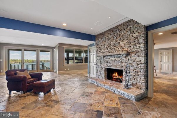 Fireplace, Interior, Living room, Recessed Lighting, Stone Walls