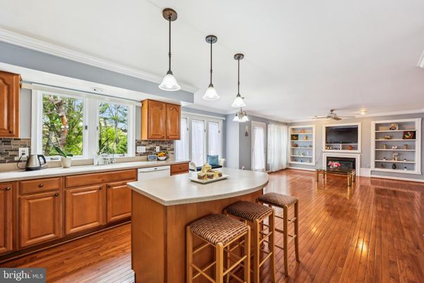 Fireplace, Interior, Kitchen, Pendant Lights, Wood Texture Flooring