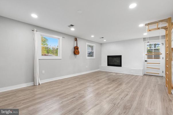 Empty room, Fireplace, Interior, Recessed Lighting, Wood Texture Flooring