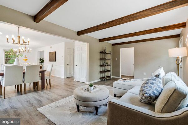 Dining room, Interior, Living room, Pendant Lights, Wooden Beams, Wood Texture Flooring