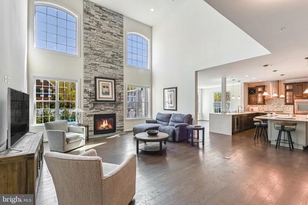 Fireplace, Interior, Kitchen, Living room, Pendant Lights, Recessed Lighting, Stone Walls, Wood Texture Flooring