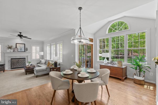 Dining room, Fireplace, Interior, Living room, Pendant Lights, Wood Texture Flooring