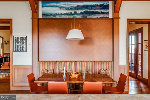 Dining room, Interior, Pendant Lights, Wood Texture Flooring