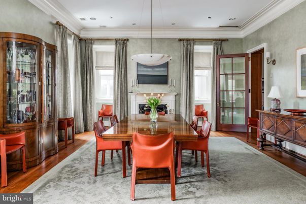 Dining room, Fireplace, Interior, Pendant Lights, Recessed Lighting, Wood Texture Flooring