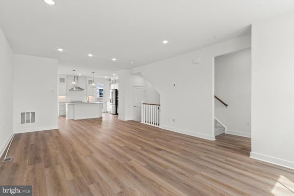 Empty room, Interior, Kitchen, Pendant Lights, Recessed Lighting, Wood Texture Flooring