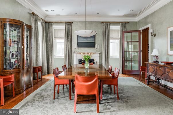 Dining room, Fireplace, Interior, Pendant Lights, Recessed Lighting, Wood Texture Flooring