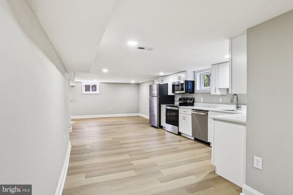 Interior, Kitchen, Recessed Lighting, Stainless Steel Appliances, Wood Texture Flooring