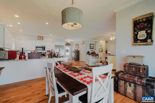 Dining room, Interior, Kitchen, Recessed Lighting, Stainless Steel Appliances, Wood Texture Flooring
