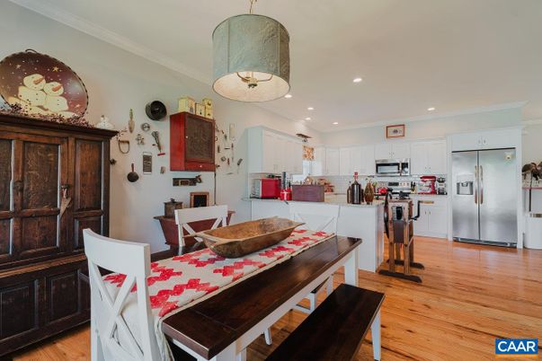Dining room, Interior, Kitchen, Recessed Lighting, Stainless Steel Appliances, Wood Texture Flooring