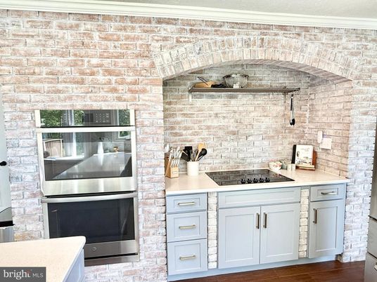 Interior, Kitchen, Stainless Steel Appliances, Stone Walls, Wood Texture Flooring