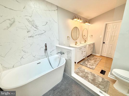 Bathroom, Dual Sink Vanities, Free Standing Baths, Interior, Marble Walls