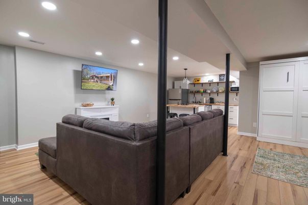 Fireplace, Interior, Kitchen, Living room, Pendant Lights, Recessed Lighting, Wood Texture Flooring