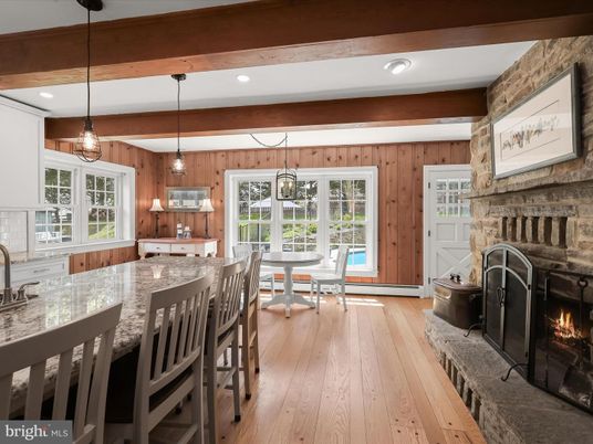 Dining room, Fireplace, Interior, Kitchen, Pendant Lights, Recessed Lighting, Wooden Beams, Wood Texture Flooring, Wooden Walls