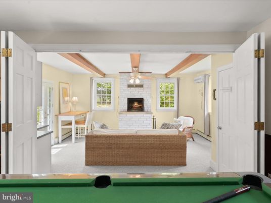 Billiard Table, Dining room, Fireplace, Interior, Living room, Stone Walls, Wooden Beams