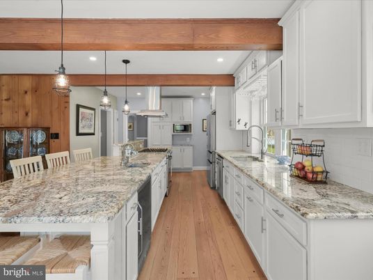 Interior, Kitchen, Pendant Lights, Recessed Lighting, Stainless Steel Appliances, Wooden Beams, Wood Texture Flooring