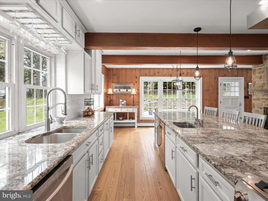 Interior, Kitchen, Pendant Lights, Stainless Steel Appliances, Wooden Beams, Wood Texture Flooring