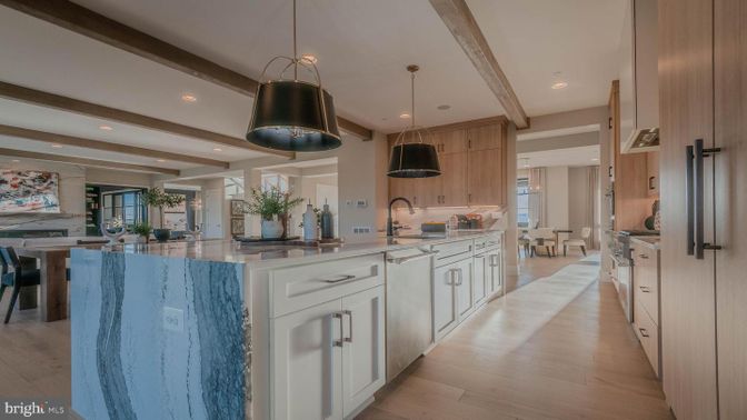 Dining room, Interior, Kitchen, Pendant Lights, Recessed Lighting, Stainless Steel Appliances, Wooden Beams, Wood Texture Flooring