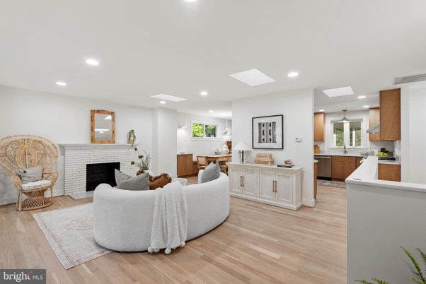 Fireplace, Interior, Kitchen, Living room, Pendant Lights, Recessed Lighting, Wood Texture Flooring