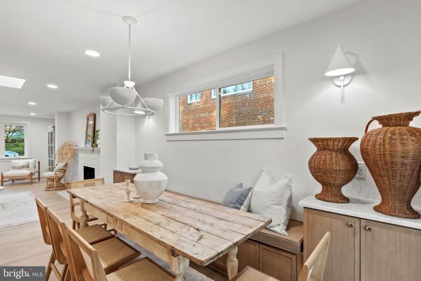 Dining room, Fireplace, Interior, Living room, Pendant Lights, Recessed Lighting, Wood Texture Flooring