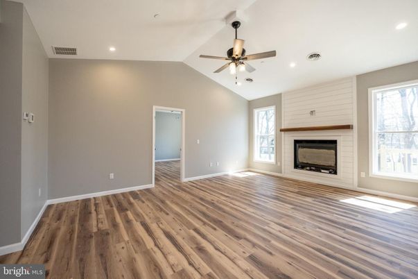 Empty room, Fireplace, Interior, Recessed Lighting, Wood Texture Flooring
