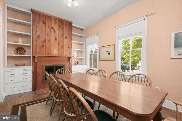 Dining room, Fireplace, Interior, Wood Texture Flooring
