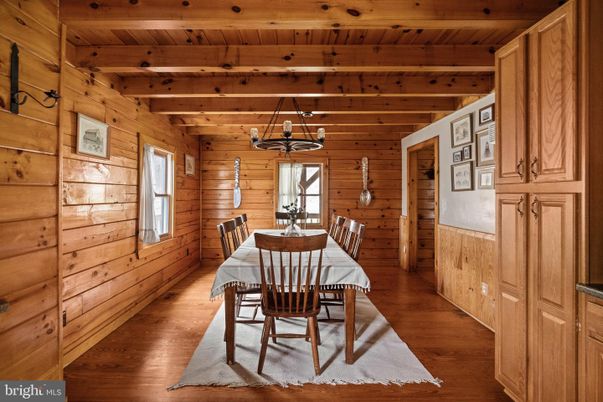 Dining room, Interior, Pendant Lights, Wooden Beams, Wooden Ceilings, Wood Texture Flooring, Wooden Walls