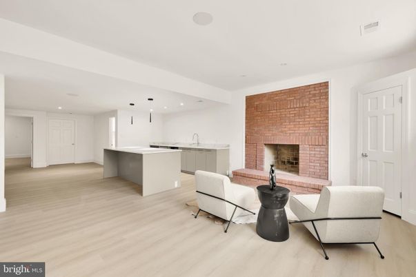 Fireplace, Interior, Kitchen, Pendant Lights, Recessed Lighting, Stone Walls, Wood Texture Flooring
