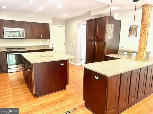 Interior, Kitchen, Pendant Lights, Recessed Lighting, Stainless Steel Appliances, Wood Texture Flooring